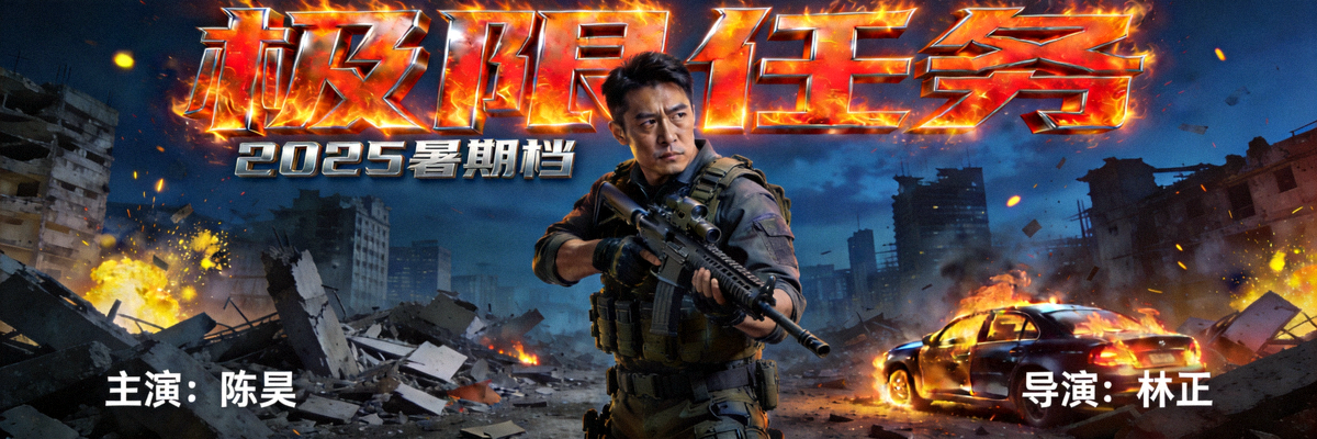 热门动作大片《极限任务》封面海报，主角手持武器站在城市废墟中